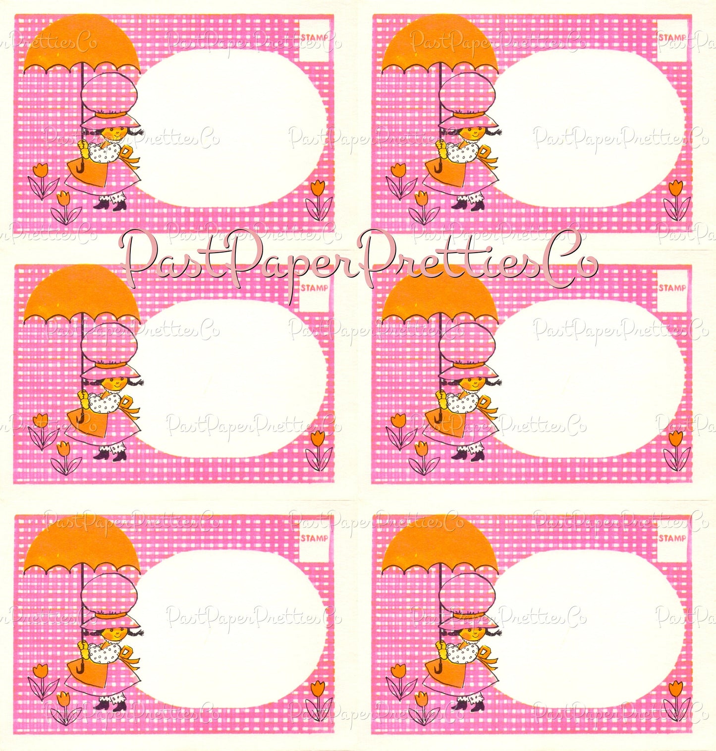 Vintage Cute Little Gingham Umbrella Girl Postcard Image Retro 70s Stationary PDF Instant Digital Download Kawaii Sunbonnet Sue Clipart