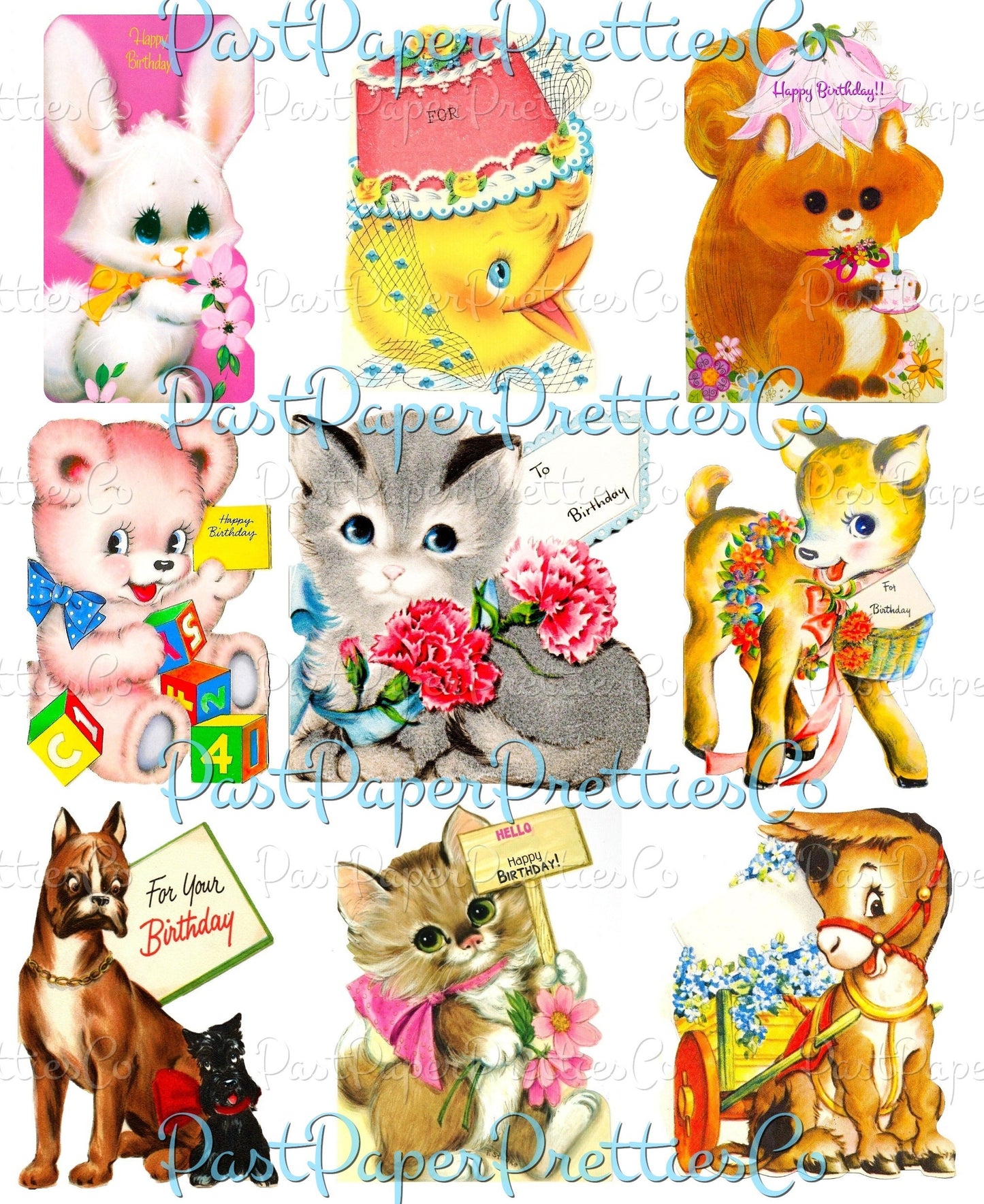 99 Vintage Printable Happy Birthday Animals ATC Cards Collage Sheets Images PDF Instant Digital Download Cute MCM Critters Clipart