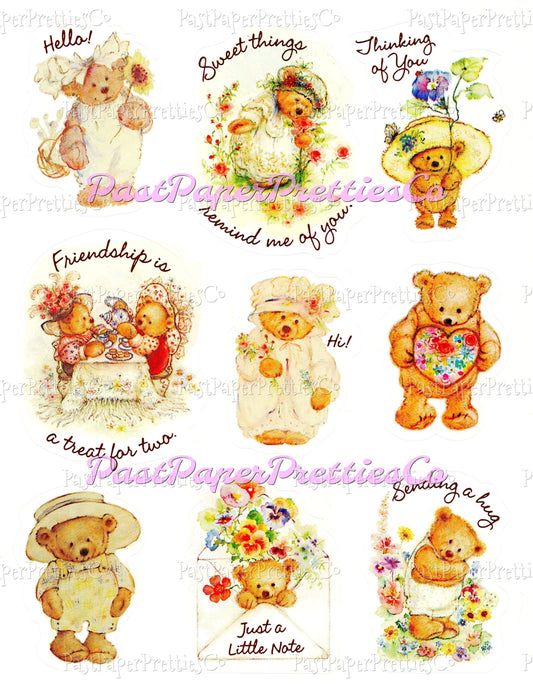 Vintage Retro Sticker Sheet Adorable Friendship Bears PDF Instant Digital Download Teddy Bear Animal Decals Seals Collage Clipart