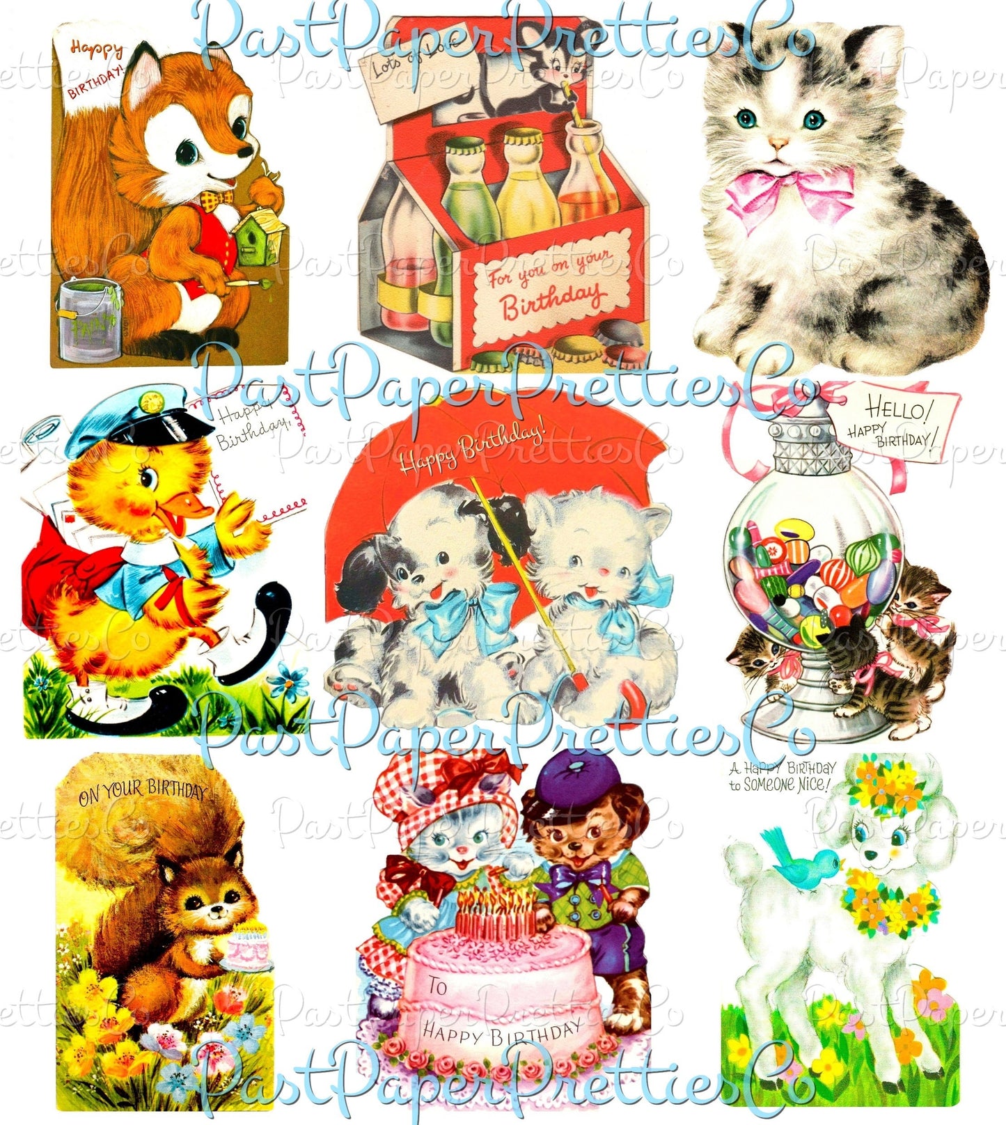 99 Vintage Printable Happy Birthday Animals ATC Cards Collage Sheets Images PDF Instant Digital Download Cute MCM Critters Clipart