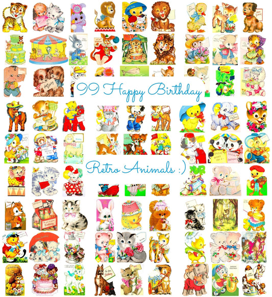 99 Vintage Printable Happy Birthday Animals ATC Cards Collage Sheets Images PDF Instant Digital Download Cute MCM Critters Clipart