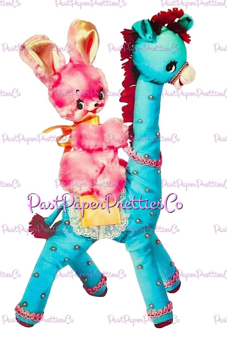 Vintage Retro Fluffy Pink Bunny Riding Blue Giraffe Nursery Decal Image Printable Instant Digital Download Cute Kitsch Baby Animals Clipart