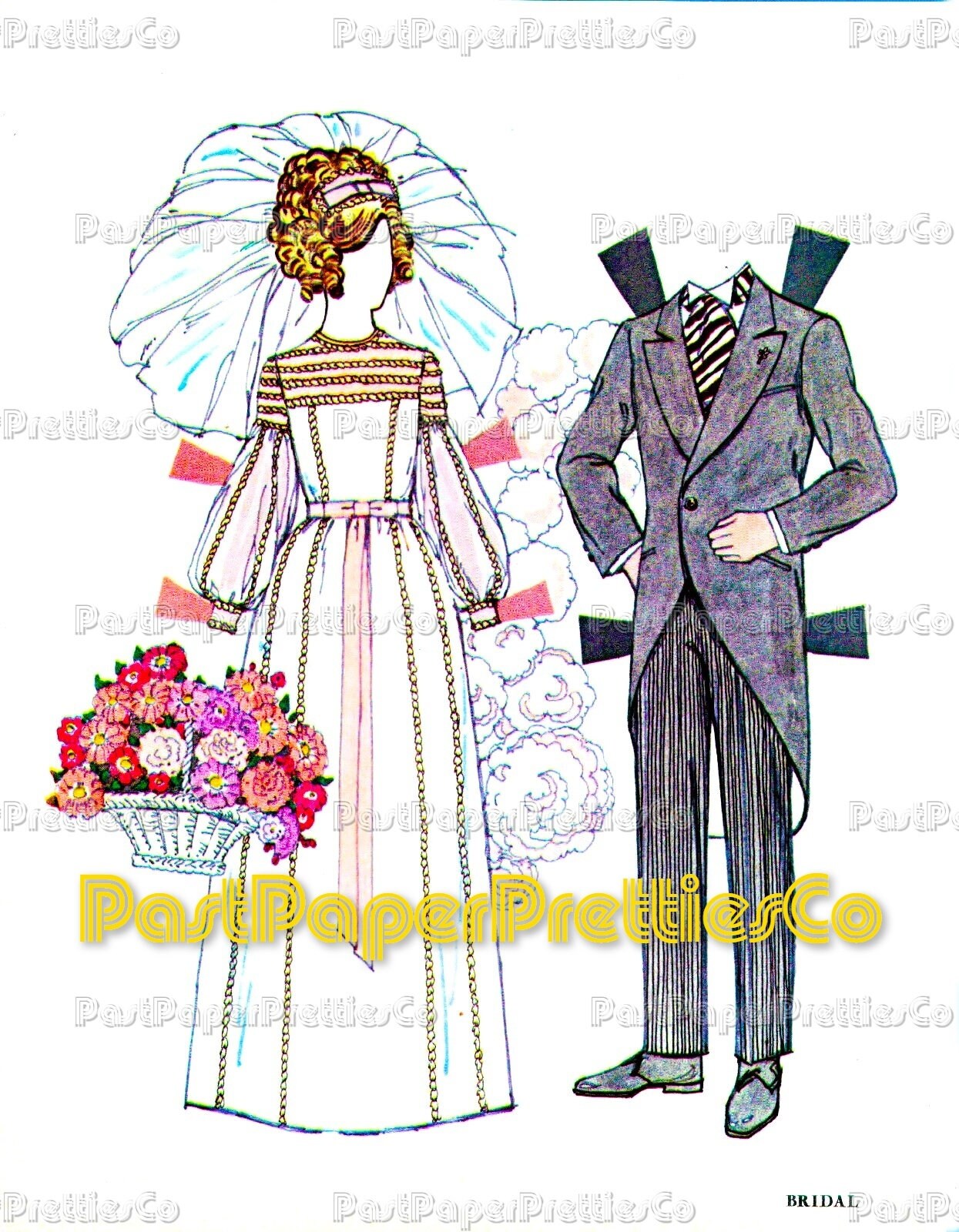 Vintage Bridal Paper Dolls 1971 Printable PDF Instant Digital Download Groovy Hippie Chick Flower Child Retro Bride Groom Clothes Clip Art