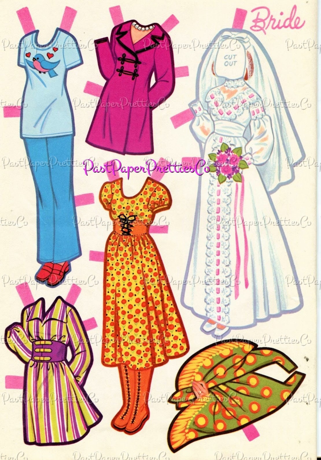 Vintage Paper Dolls Here Comes The Bride Retro 1971 Printable PDF Instant Digital Download Groovy Wedding Party Dolls & Clothes Clip Art