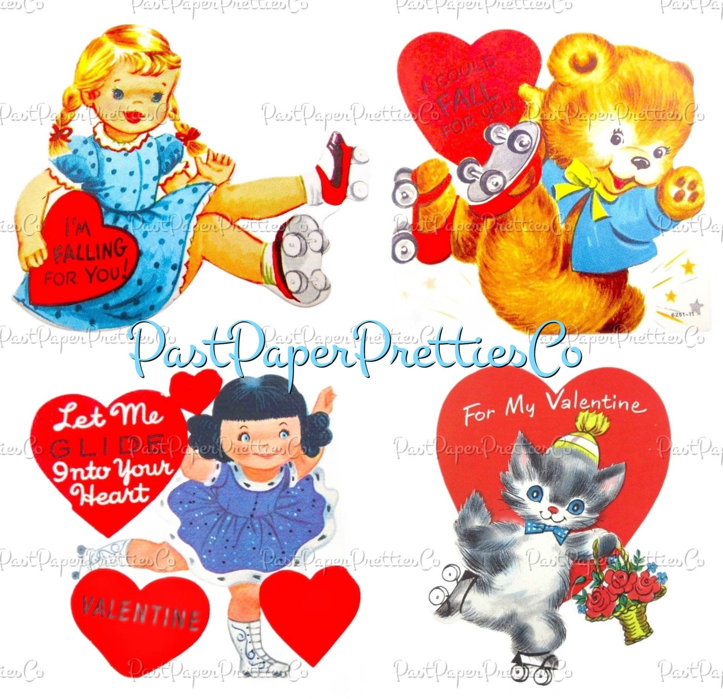 Vintage Printable Valentines Day Cards Rollerskating Girls and Boys All Roller Skate Themed Collage Sheets PDF Instant Digital Download