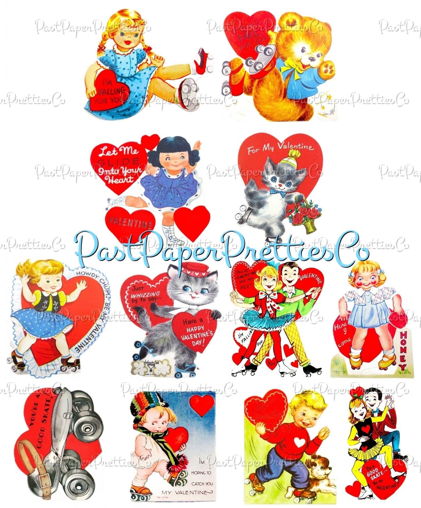 Vintage Printable Valentines Day Cards Rollerskating Girls and Boys All Roller Skate Themed Collage Sheets PDF Instant Digital Download