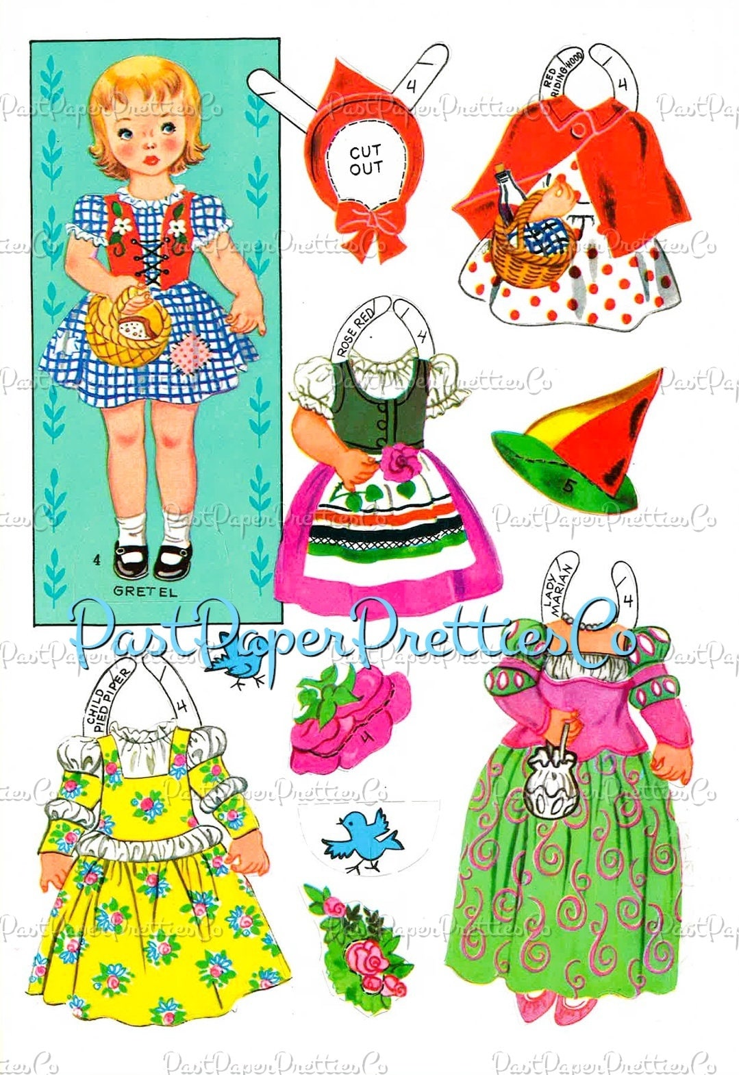 Vintage Paper Dolls 6 Stand-up Dolls from Storyland 1960s PDF Printable Instant Digital Download Cute Storybook Fairy Tale Clip Art