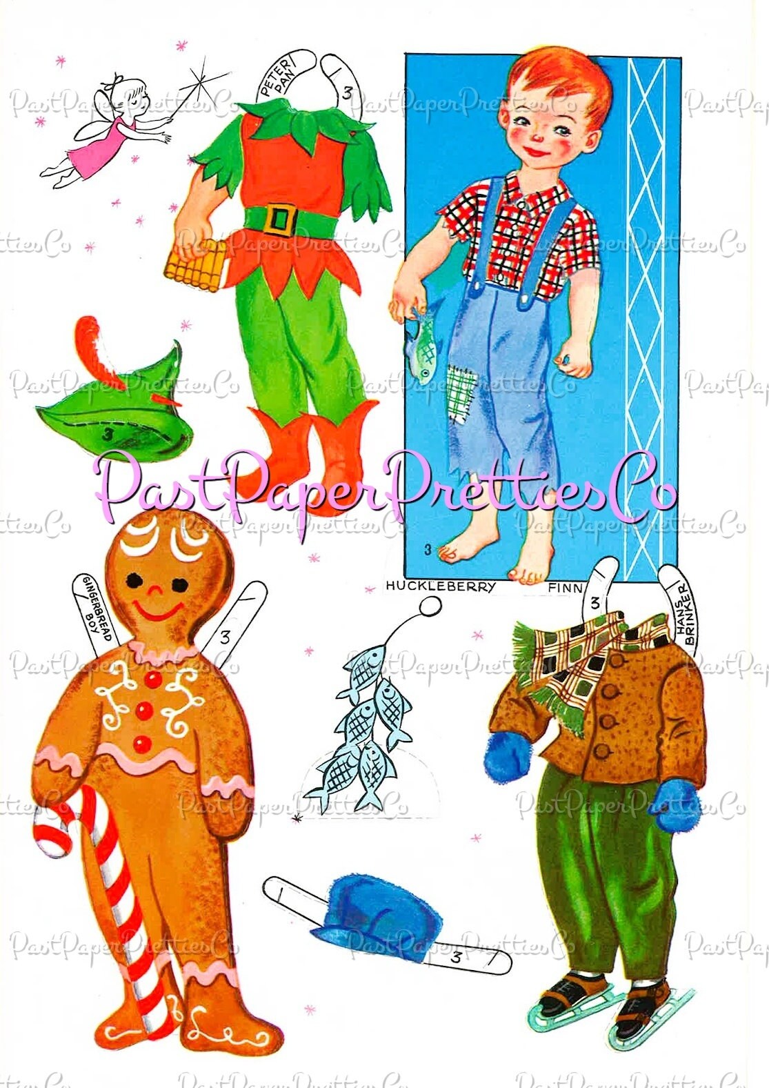 Vintage Paper Dolls 6 Stand-up Dolls from Storyland 1960s PDF Printable Instant Digital Download Cute Storybook Fairy Tale Clip Art