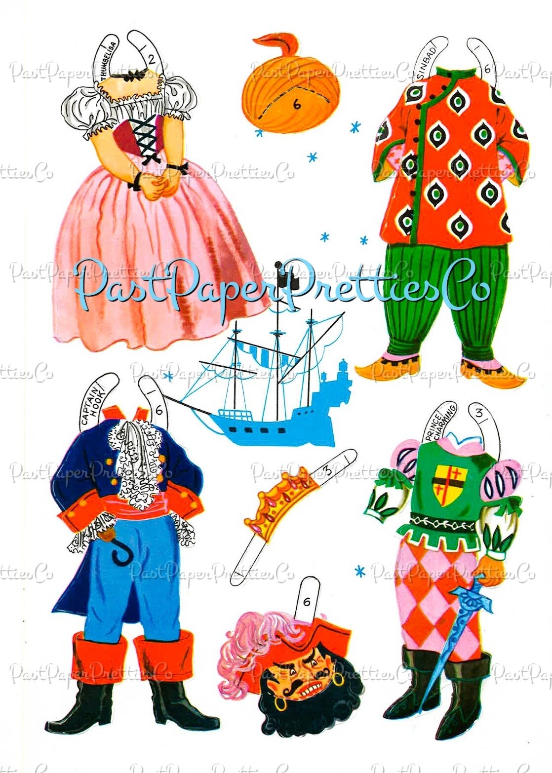 Vintage Paper Dolls 6 Stand-up Dolls from Storyland 1960s PDF Printable Instant Digital Download Cute Storybook Fairy Tale Clip Art