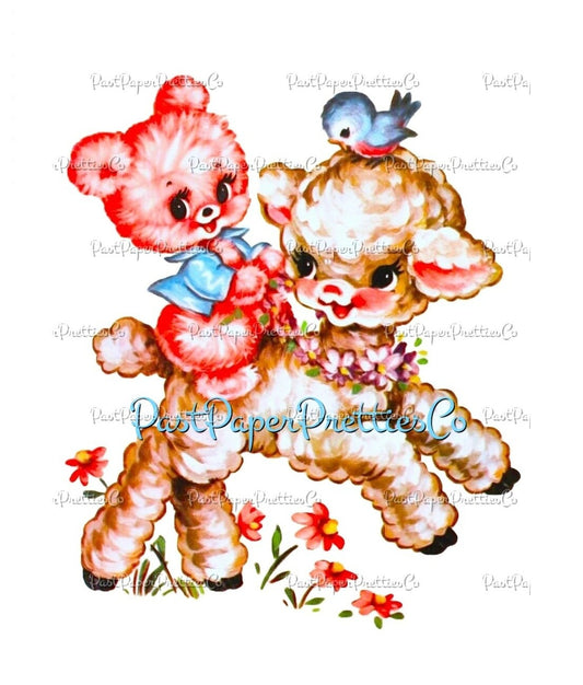 Vintage Retro Pink Bear Cub Bluebird Riding Baby Lamb Nursery Decal Image Printable Instant Digital Download Cute Kitsch Animals Clipart