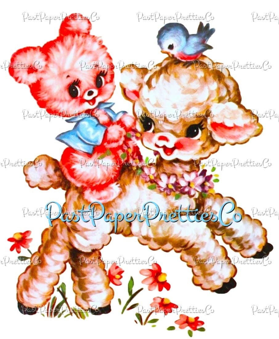 Vintage Retro Pink Bear Cub Bluebird Riding Baby Lamb Nursery Decal Image Printable Instant Digital Download Cute Kitsch Animals Clipart