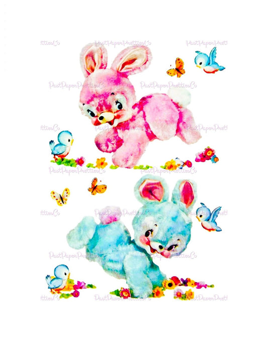 Vintage Retro Hopping Fluffy Bunnies Nursery Decal Image Printable Instant Digital Download Cute Kitsch Rabbit Bluebirds