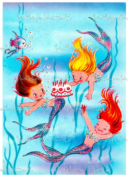 Vintage Printable Three Pretty Mermaid Friends Birthday Greeting Card Image Instant Digital Download Cute Kitsch Kawaii Water Nymphs 300 dpi