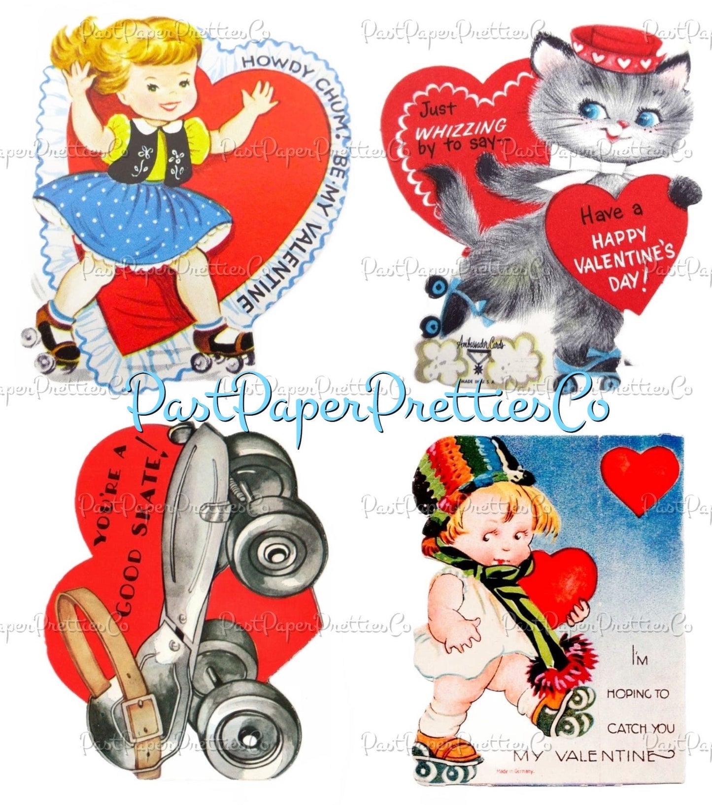 Vintage Printable Valentines Day Cards Rollerskating Girls and Boys All Roller Skate Themed Collage Sheets PDF Instant Digital Download