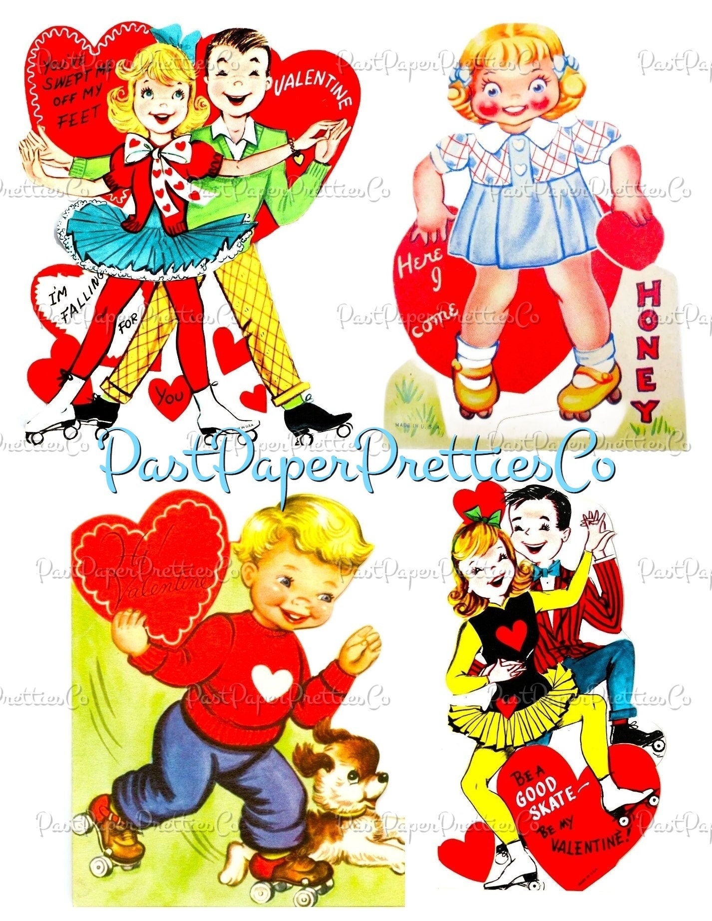 Vintage Printable Valentines Day Cards Rollerskating Girls and Boys All Roller Skate Themed Collage Sheets PDF Instant Digital Download