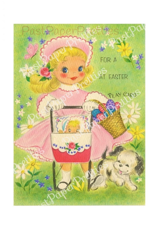 Vintage Easter Girl Paper Doll and her Dolly with Baby Carriage Folded Printable Card c. 1950s PDF Instant Digital Download Pretty Playcard