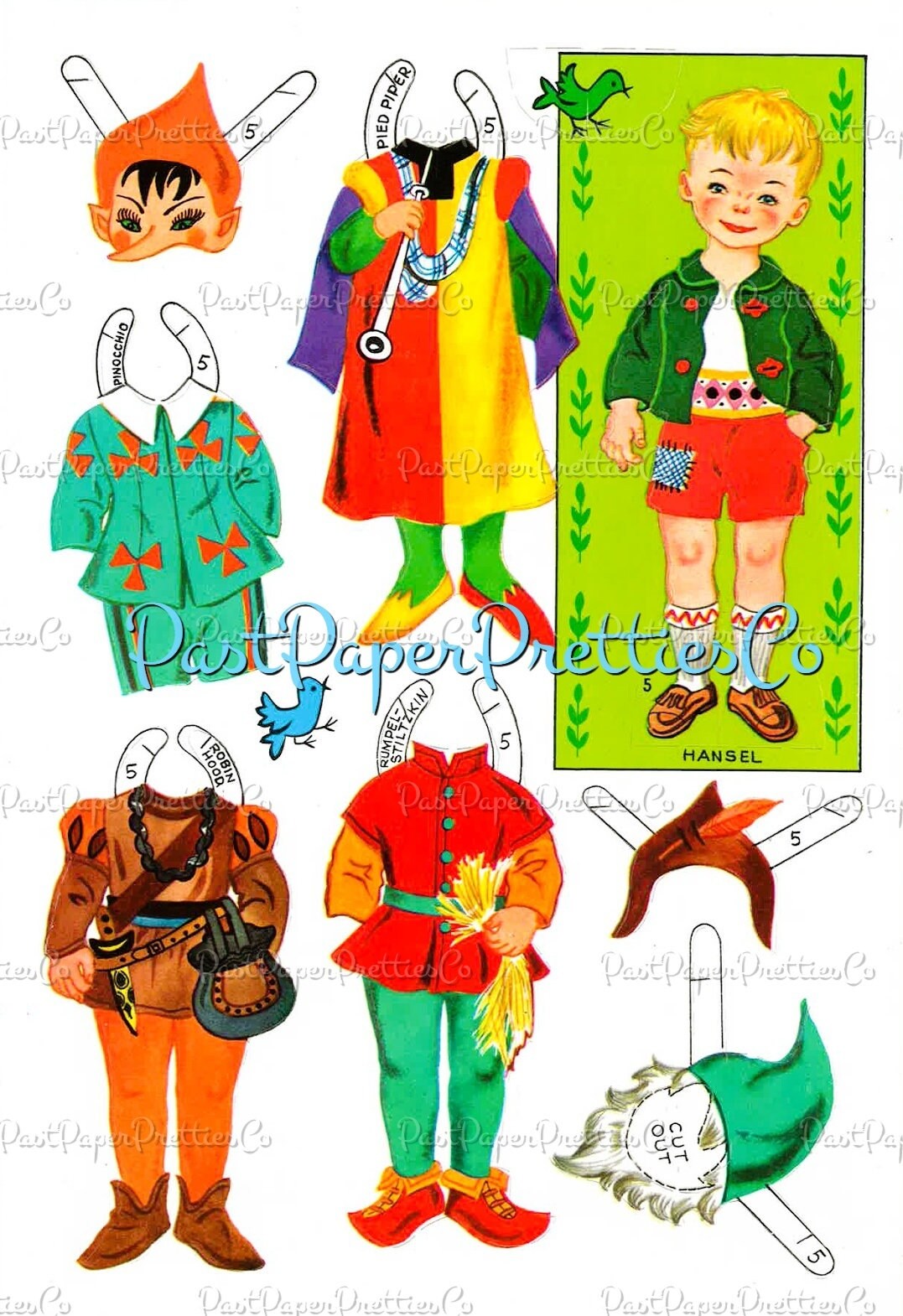 Vintage Paper Dolls 6 Stand-up Dolls from Storyland 1960s PDF Printable Instant Digital Download Cute Storybook Fairy Tale Clip Art