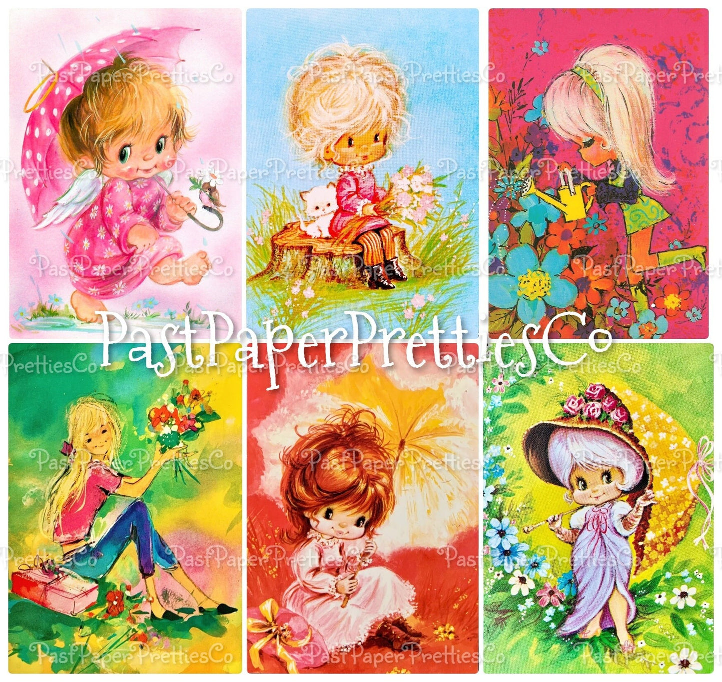 Vintage Printable Retro Big Eyed Mod Girls Groovy 1970s Swap Card Collage Images PDF Instant Digital Download Cute Kitsch 70s Clipart