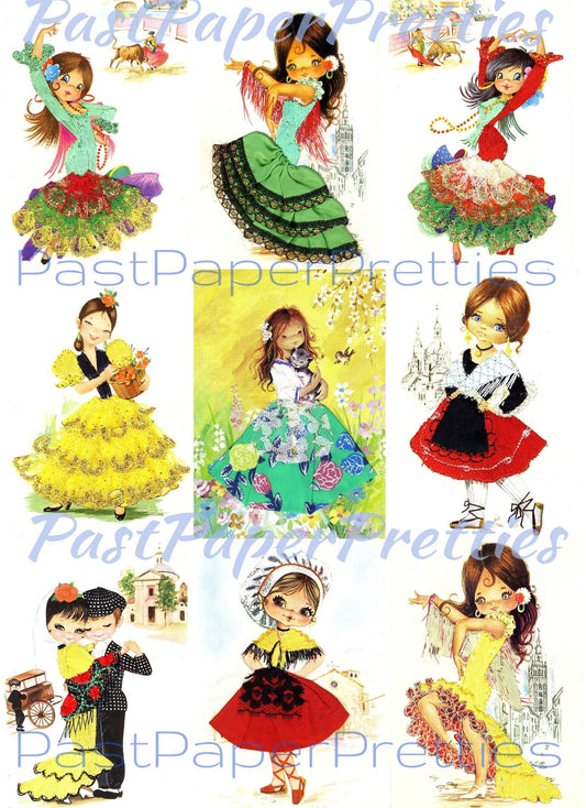 Vintage Printable Pretty Big Eyed Spanish Dancer Girls 1970s Postcard Images PDF Instant Digital Download Kitsch Fabric Dresses 300 dpi