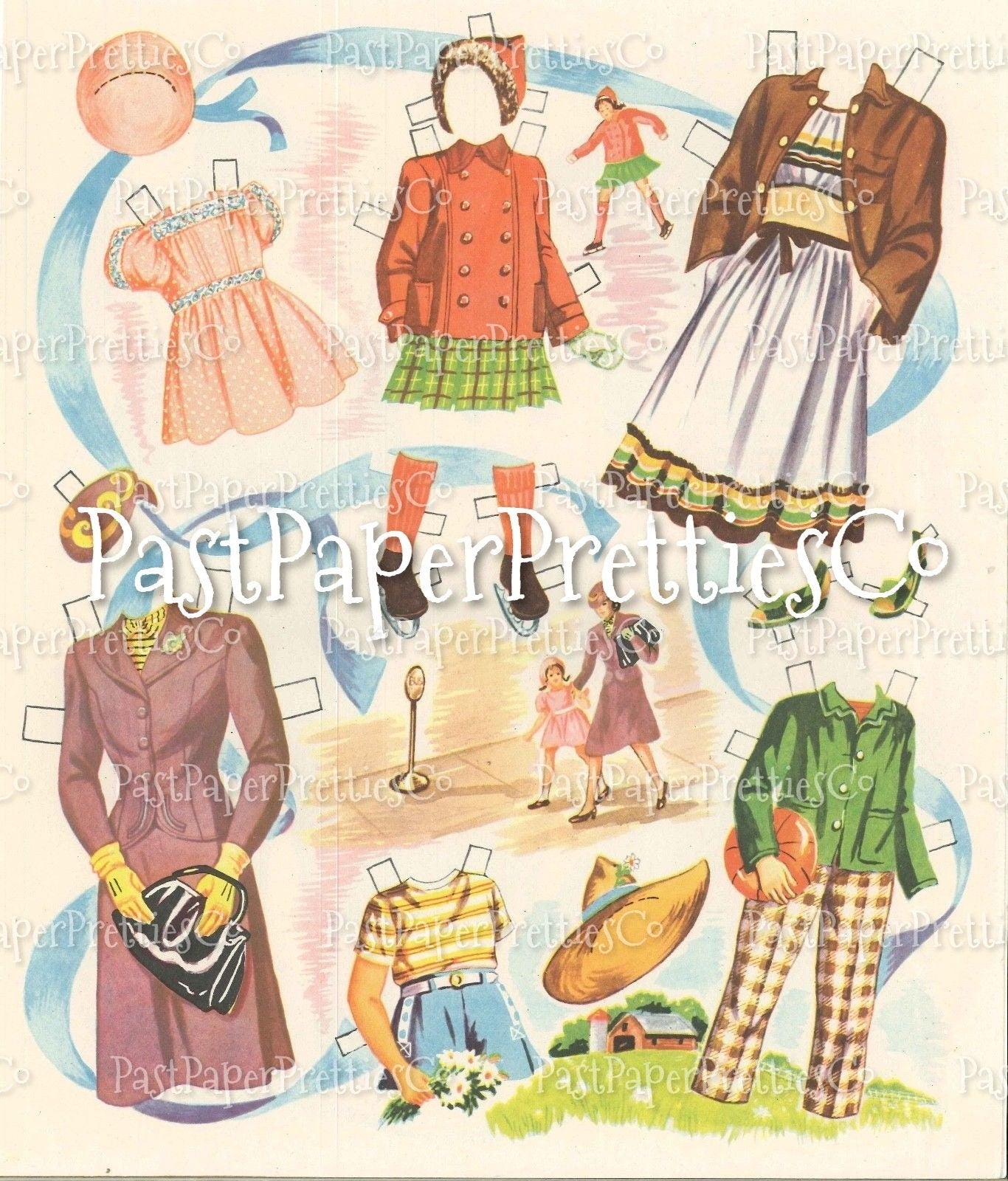 Vintage MCM Family of Paper Dolls Printable PDF Instant Digital Download Cute Mid Century Family of 7 Mom Dad Kids 1947 Clipart