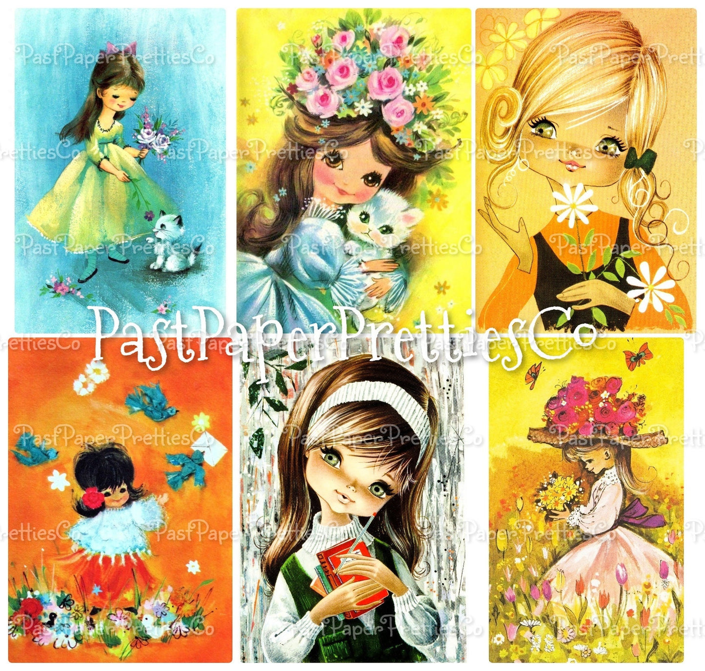 Vintage Printable Retro Big Eyed Mod Girls Groovy 1970s Swap Card Collage Images PDF Instant Digital Download Cute Kitsch 70s Clipart