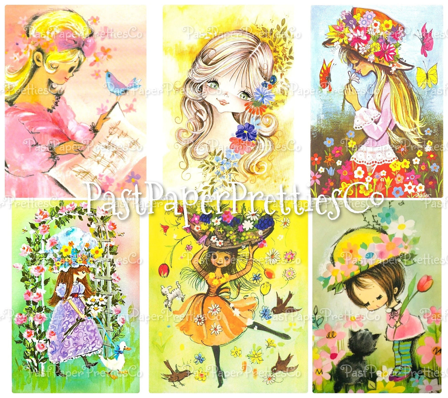 Vintage Printable Retro Big Eyed Mod Girls Groovy 1970s Swap Card Collage Images PDF Instant Digital Download Cute Kitsch 70s Clipart