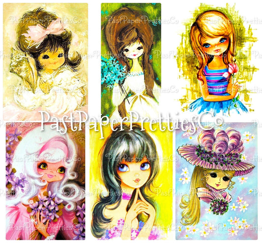 Vintage Printable Retro Big Eyed Mod Girls Groovy 1970s Swap Card Collage Images PDF Instant Digital Download Cute Kitsch 70s Clipart