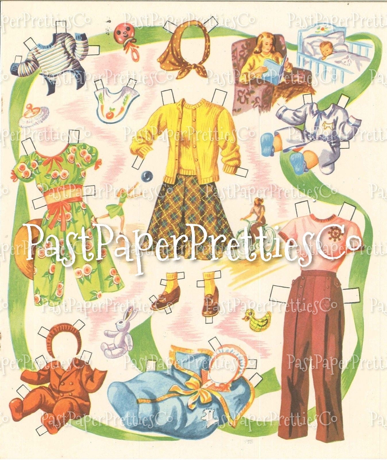 Vintage MCM Family of Paper Dolls Printable PDF Instant Digital Download Cute Mid Century Family of 7 Mom Dad Kids 1947 Clipart