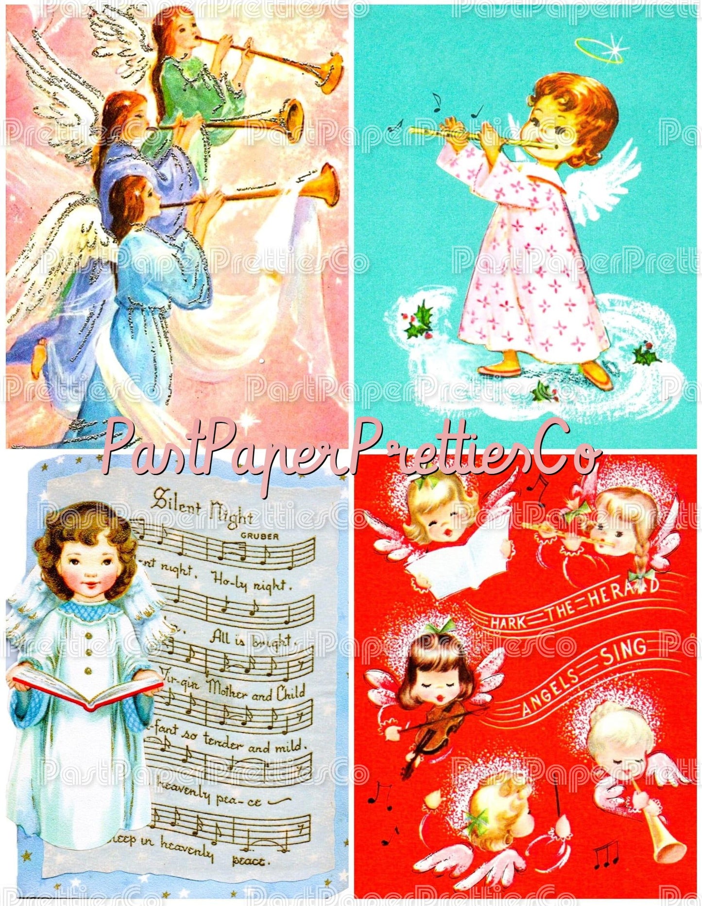 38 Vintage Printable Musical Christmas Angels Collage Sheets & Full Cards PDF Instant Digital Kitsch Cute Cherub Kids Babies