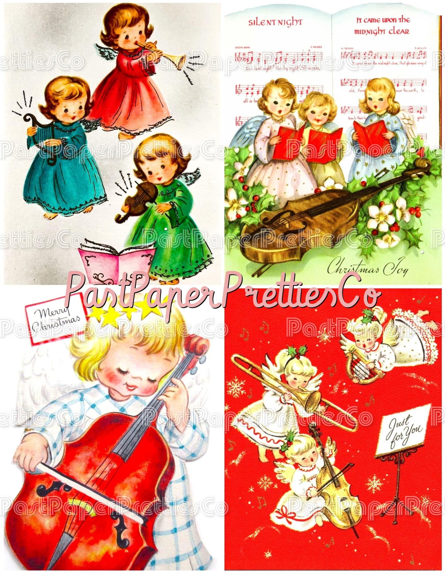 38 Vintage Printable Musical Christmas Angels Collage Sheets & Full Cards PDF Instant Digital Kitsch Cute Cherub Kids Babies