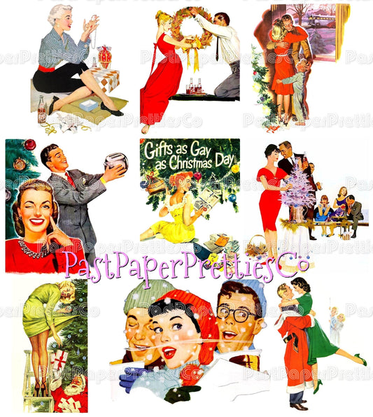 Vintage MCM Mid Century Mod Christmas Illustration Ad Images Retro Kitsch Family Housewife Couples Printable PDF Instant Digital 1950s