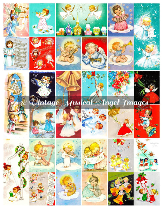 38 Vintage Printable Musical Christmas Angels Collage Sheets & Full Cards PDF Instant Digital Kitsch Cute Cherub Kids Babies