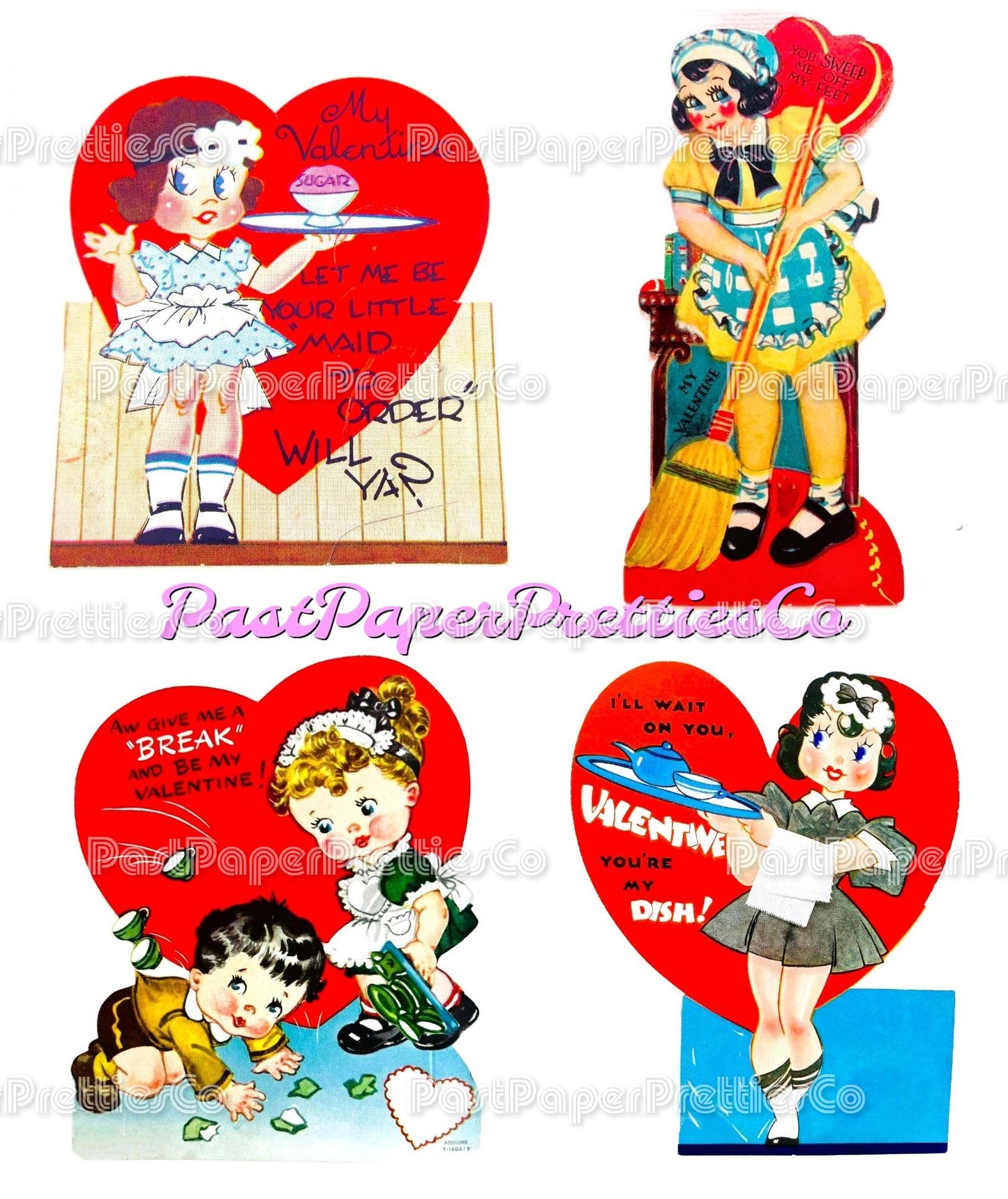 Vintage Printable Valentines Day Cards Cute Merry Maids Themed Collage Sheets PDF Instant Digital Download Retro Housekeeping Clipart