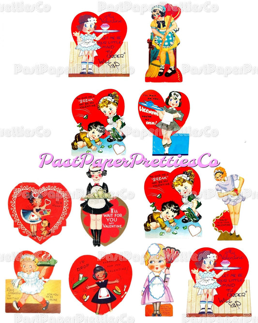 Vintage Printable Valentines Day Cards Cute Merry Maids Themed Collage Sheets PDF Instant Digital Download Retro Housekeeping Clipart