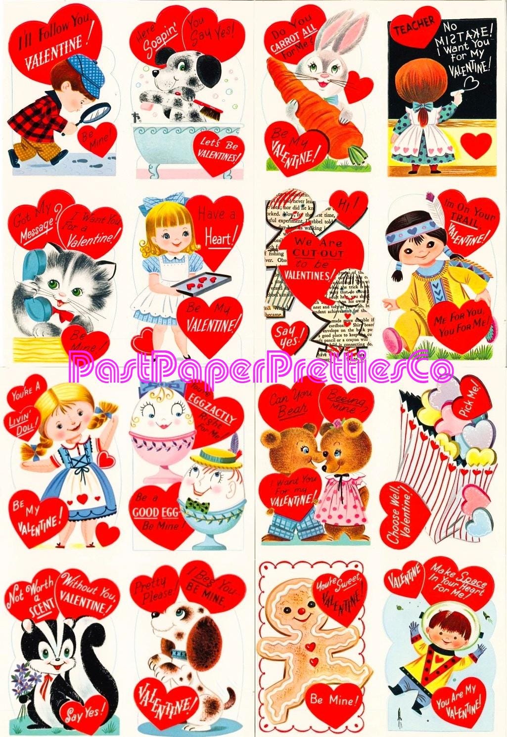 Vintage Printable Valentines Cards 1961 Cute Kitsch Children & Animals Collage Sheets PDF Instant Digital Download 49 Nostalgic Designs