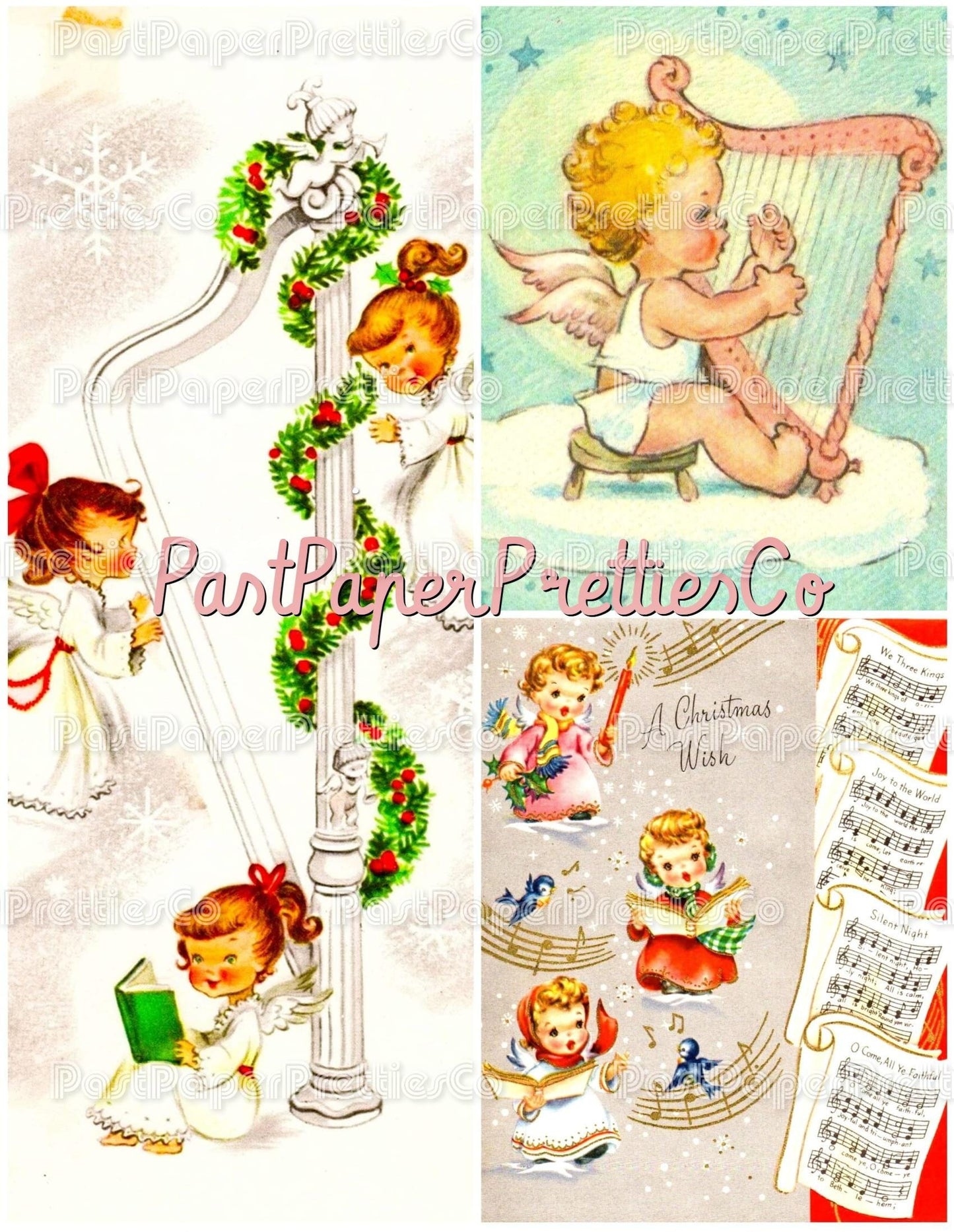 38 Vintage Printable Musical Christmas Angels Collage Sheets & Full Cards PDF Instant Digital Kitsch Cute Cherub Kids Babies