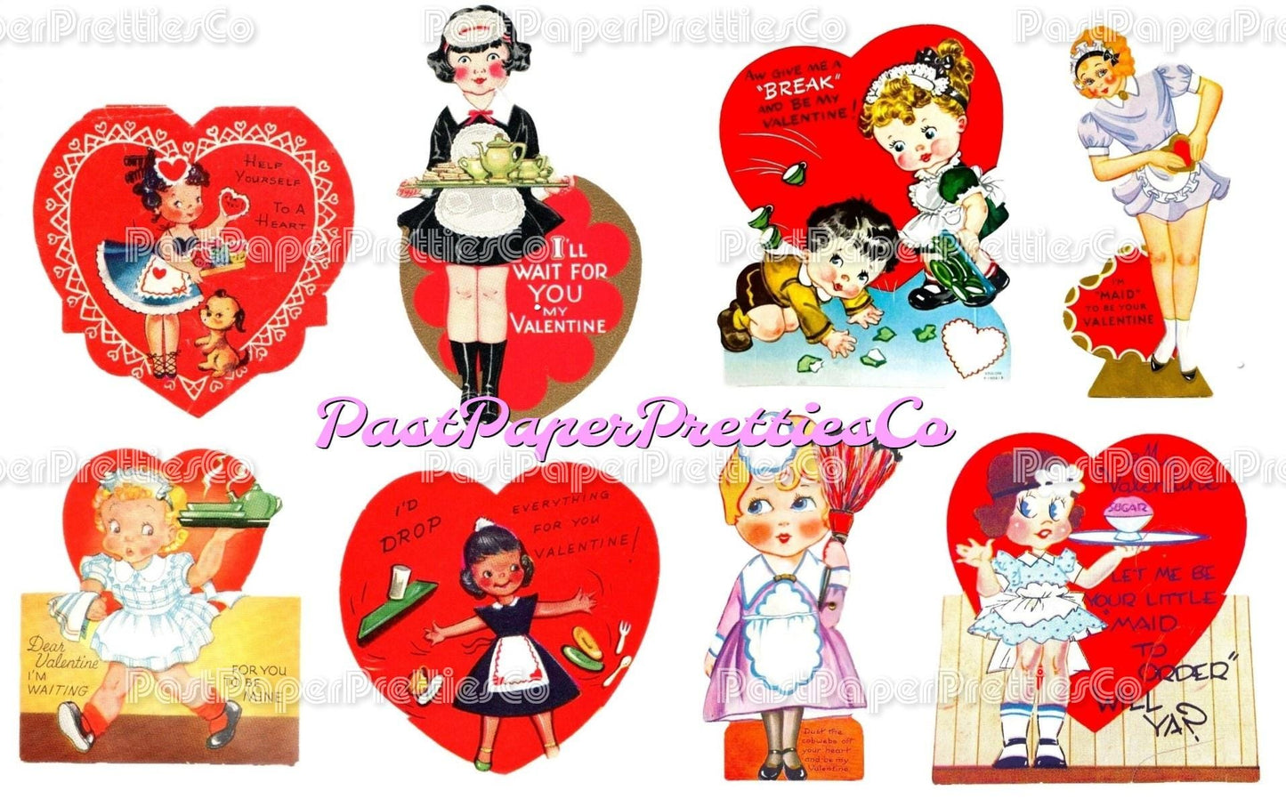 Vintage Printable Valentines Day Cards Cute Merry Maids Themed Collage Sheets PDF Instant Digital Download Retro Housekeeping Clipart