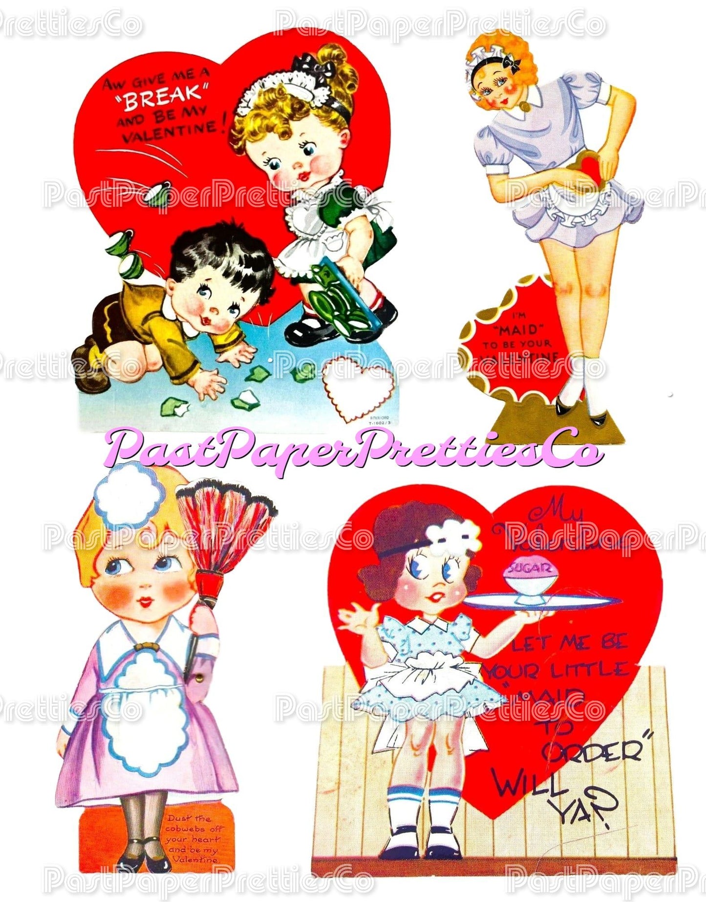Vintage Printable Valentines Day Cards Cute Merry Maids Themed Collage Sheets PDF Instant Digital Download Retro Housekeeping Clipart