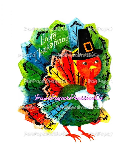 Vintage Happy Thanksgiving Printable Retro Colorful Tom Turkey Greeting Card Image 1950s PDF Instant Digital Download MCM Holiday Clipart