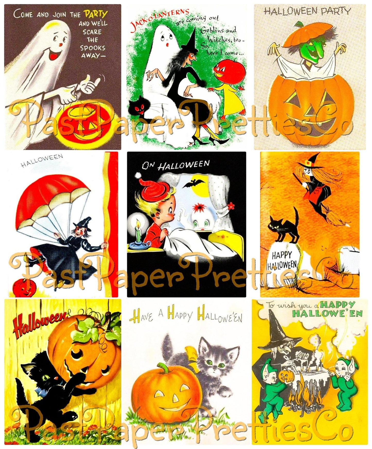 SET TWO Vintage Halloween Printable Collage Cards Retro Mid Century Images PDF Instant Digital Download Cute Spooky Clip Art 2 Sizes