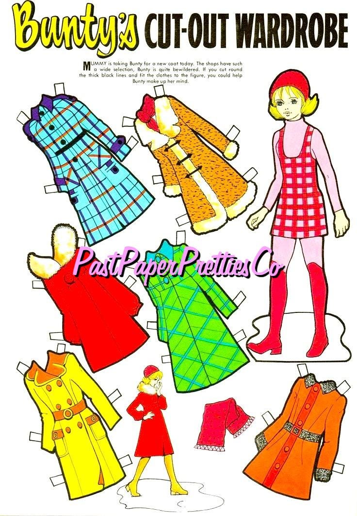 Vintage Paper Dolls Bunty's Cut-Out Wardrobe Printable PDF Instant Digital Download 6 Sets Cute 60s 70s Comic Book Girl and Clothing