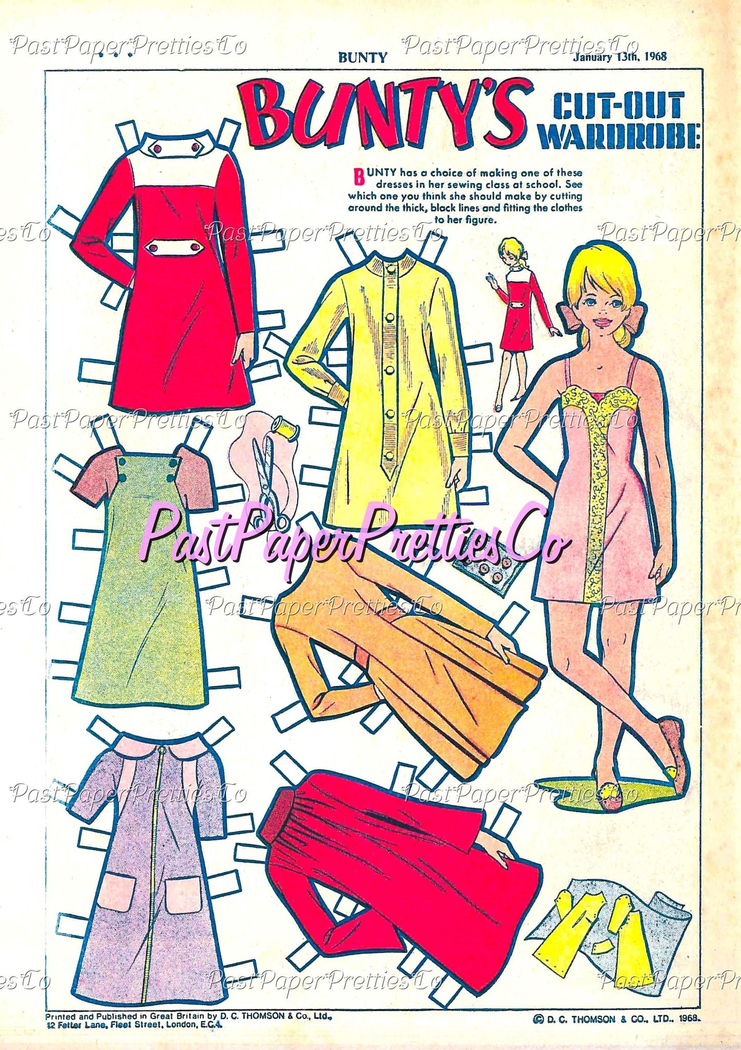 Vintage Paper Dolls Bunty's Cut-Out Wardrobe Printable PDF Instant Digital Download 6 Sets Cute 60s 70s Comic Book Girl and Clothing