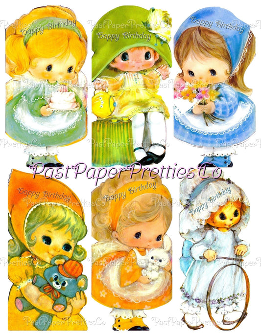 Vintage Old Fashioned Little Girls Happy Birthday Collage Sheets + Single Images Retro Greeting Cards Printable PDF Instant Digital Download