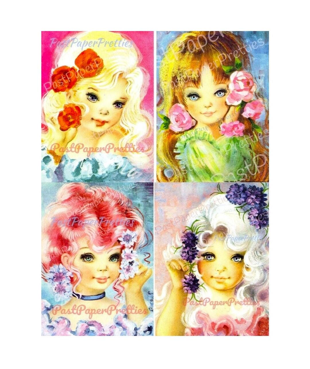 Vintage Printable Beautiful Big Eyed Girls Romantic Flowers 1970s Postcard Images Instant Digital Download Kawaii Glamour Girls 600 dpi