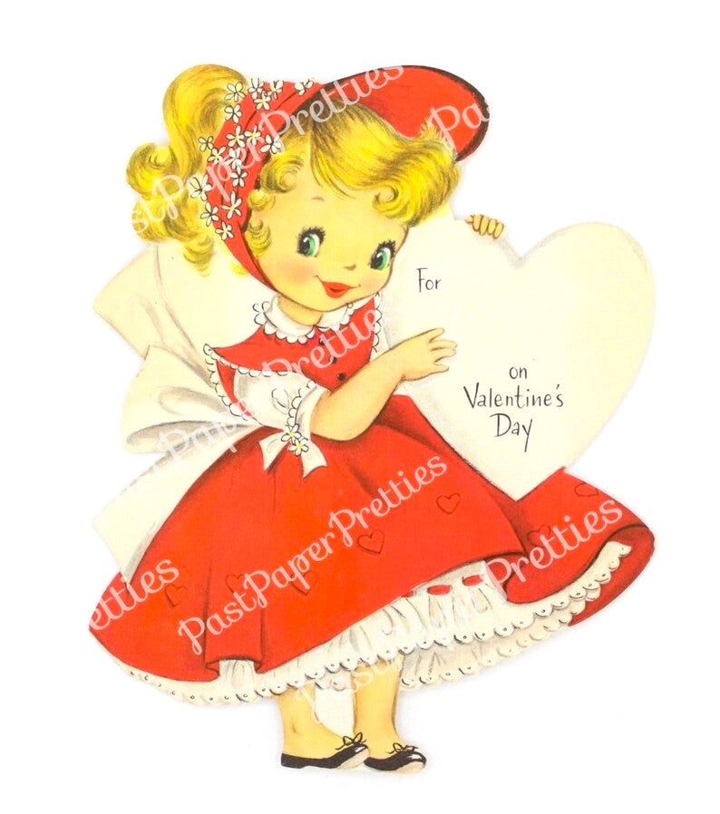 Vintage Printable Valentine Card Cute Coy Pretty Little Girl Image Red Dress Bonnet 1950s Instant Digital Download 300 dpi