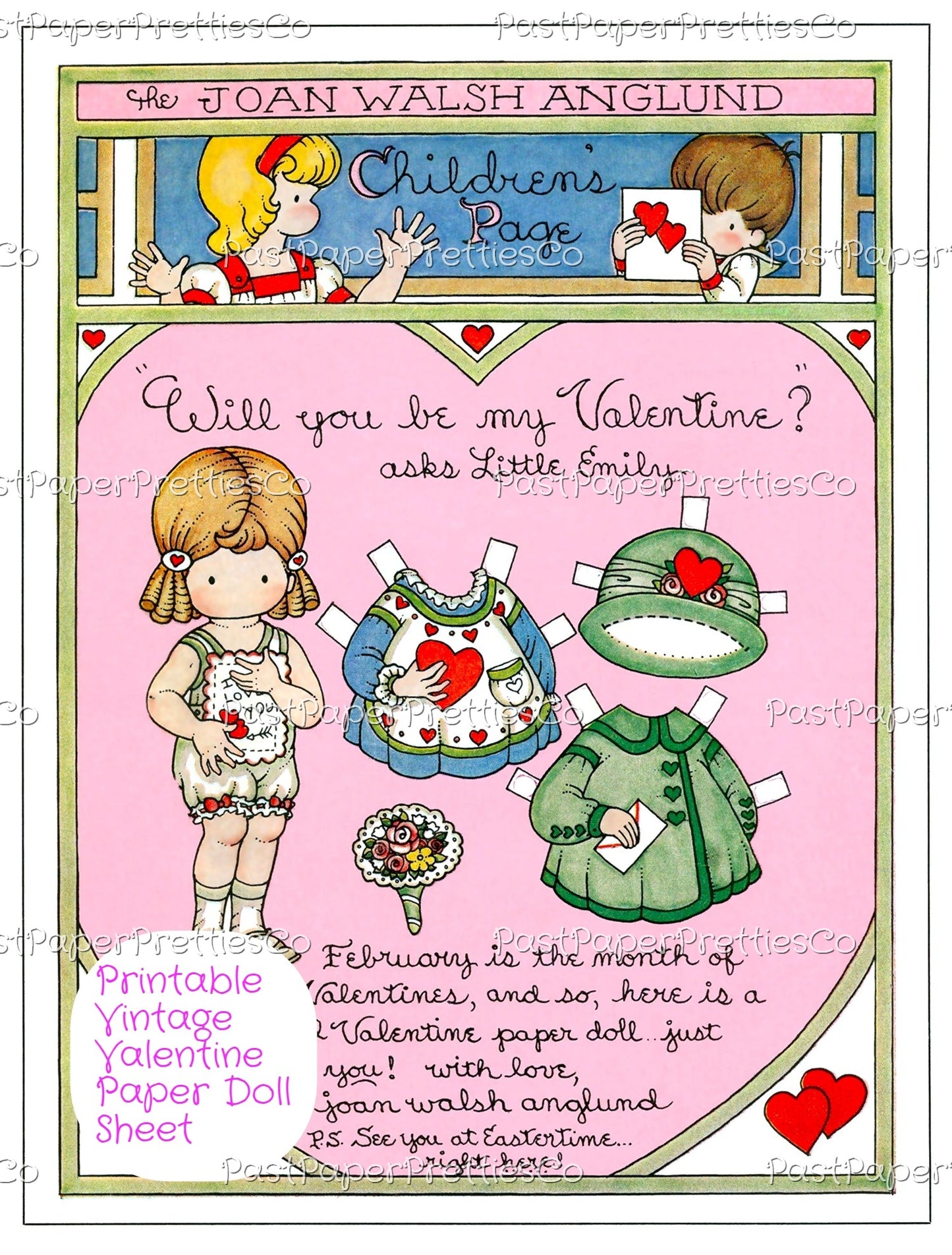 Vintage Valentines Day Little Girl Paper Doll Printable Sheets PDF Instant Digital Download 1980s Childrens Pages