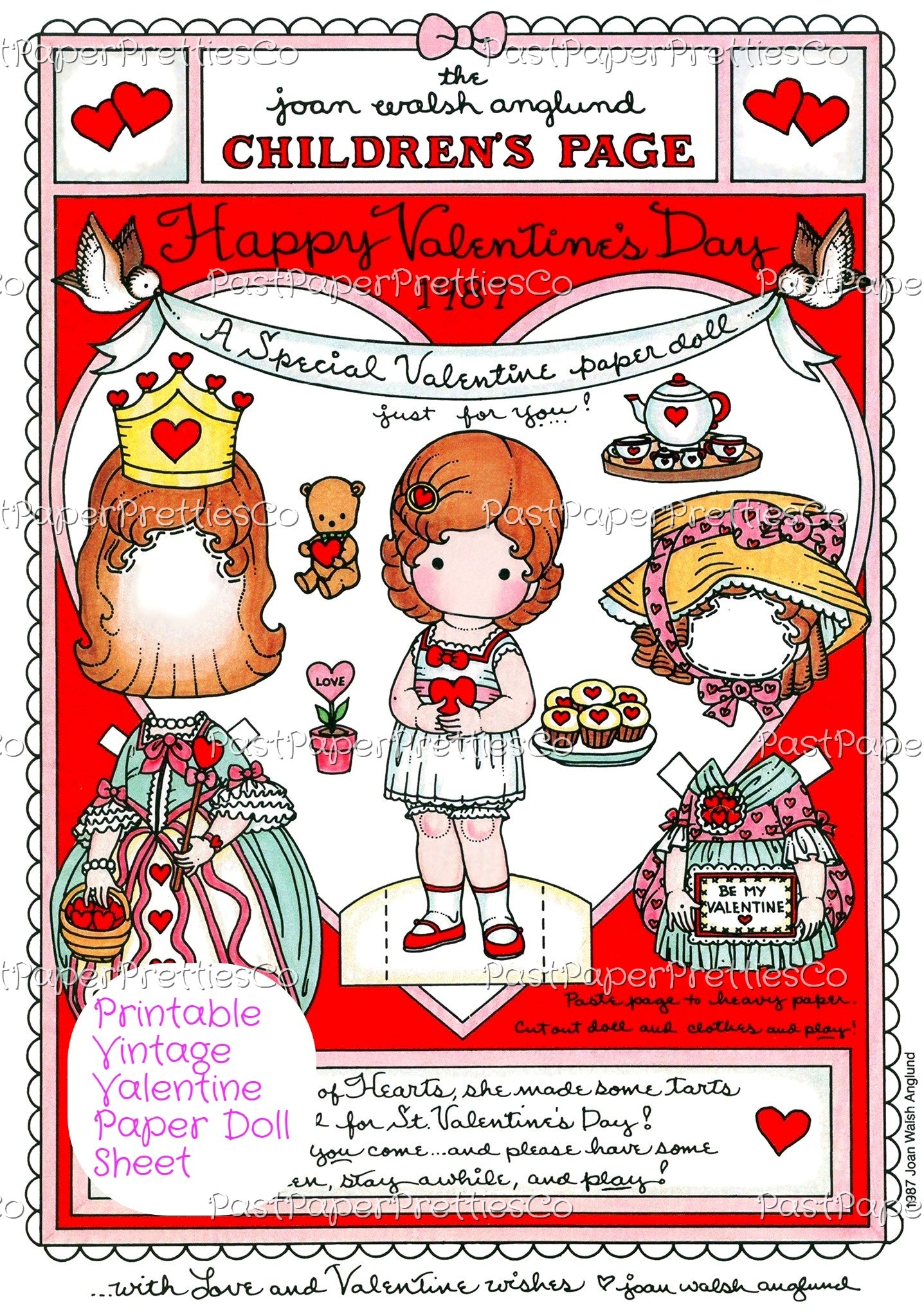 Vintage Valentines Day Little Girl Paper Doll Printable Sheets PDF Instant Digital Download 1980s Childrens Pages