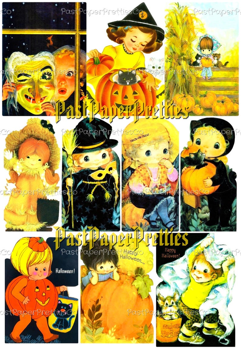Vintage Halloween Printable CUTE Trick Or Treaters Collage Cards Retro Mid Century Children Images PDF Instant Digital Download 2 Sizes