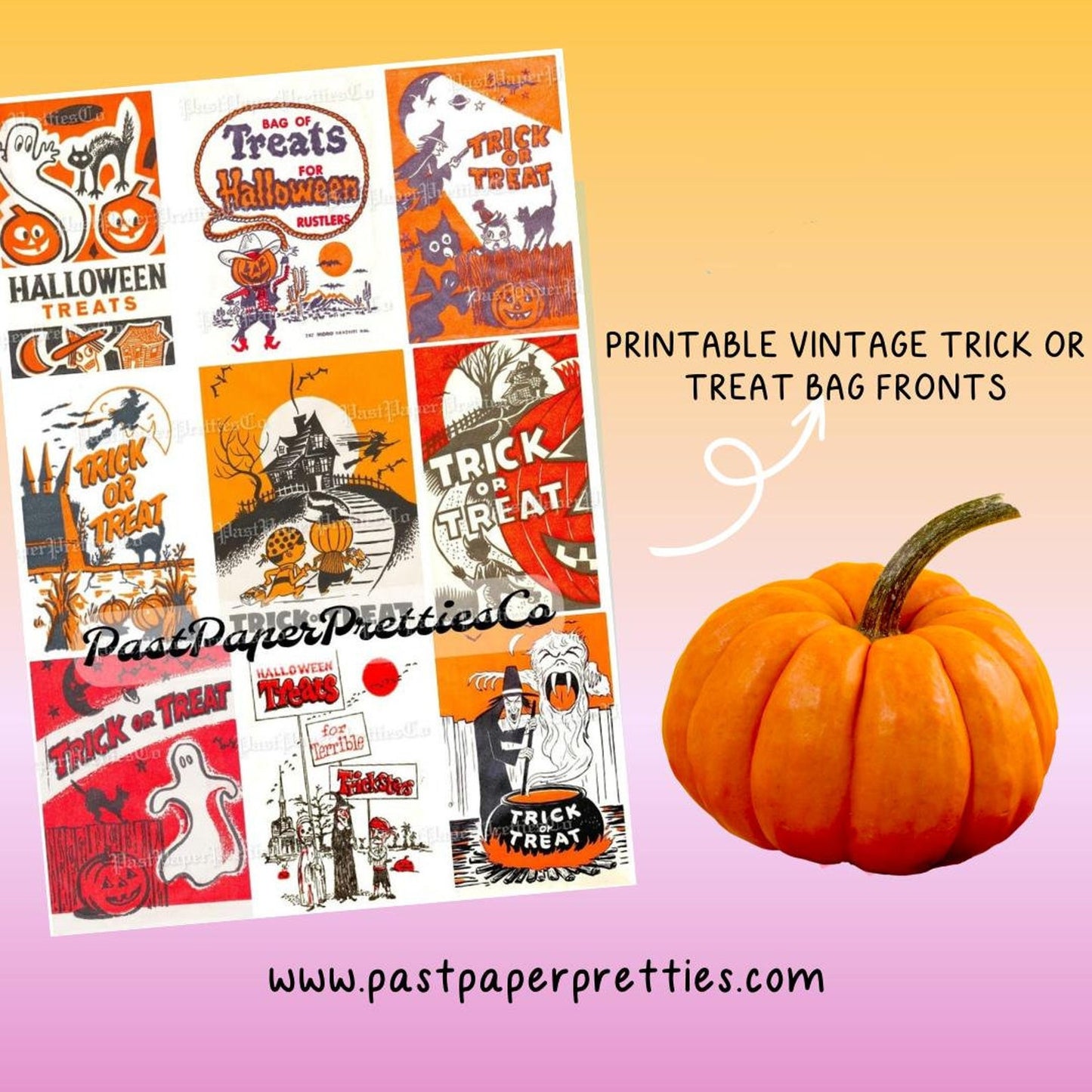 Vintage Halloween Printable Trick or Treat Bags Collage Cards Retro Images PDF Instant Digital Download Retro Loot Goodie Bag Clip Art