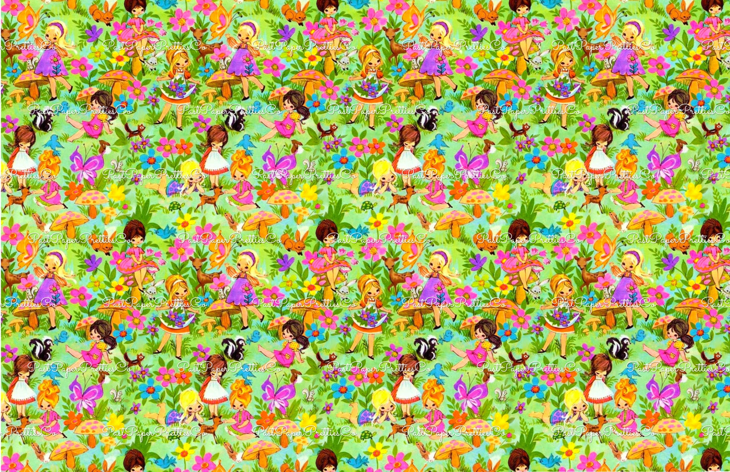 Vintage Printable Gift Wrap Kitsch Woodland Girls Animals Toadstools Image Instant Digital Download Kawaii Forest Friends Wrapping Paper